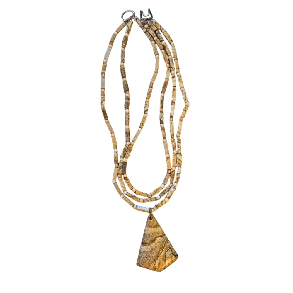 Picture Jasper 18" Necklace 3 Strands Natural Stone Beads Pendant Tan Brown Gold - Picture 2 of 9